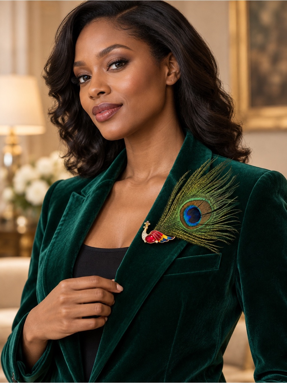 Peacock Feather Statement Brooch Rhinestone Enamel Lapel Pin Unisex